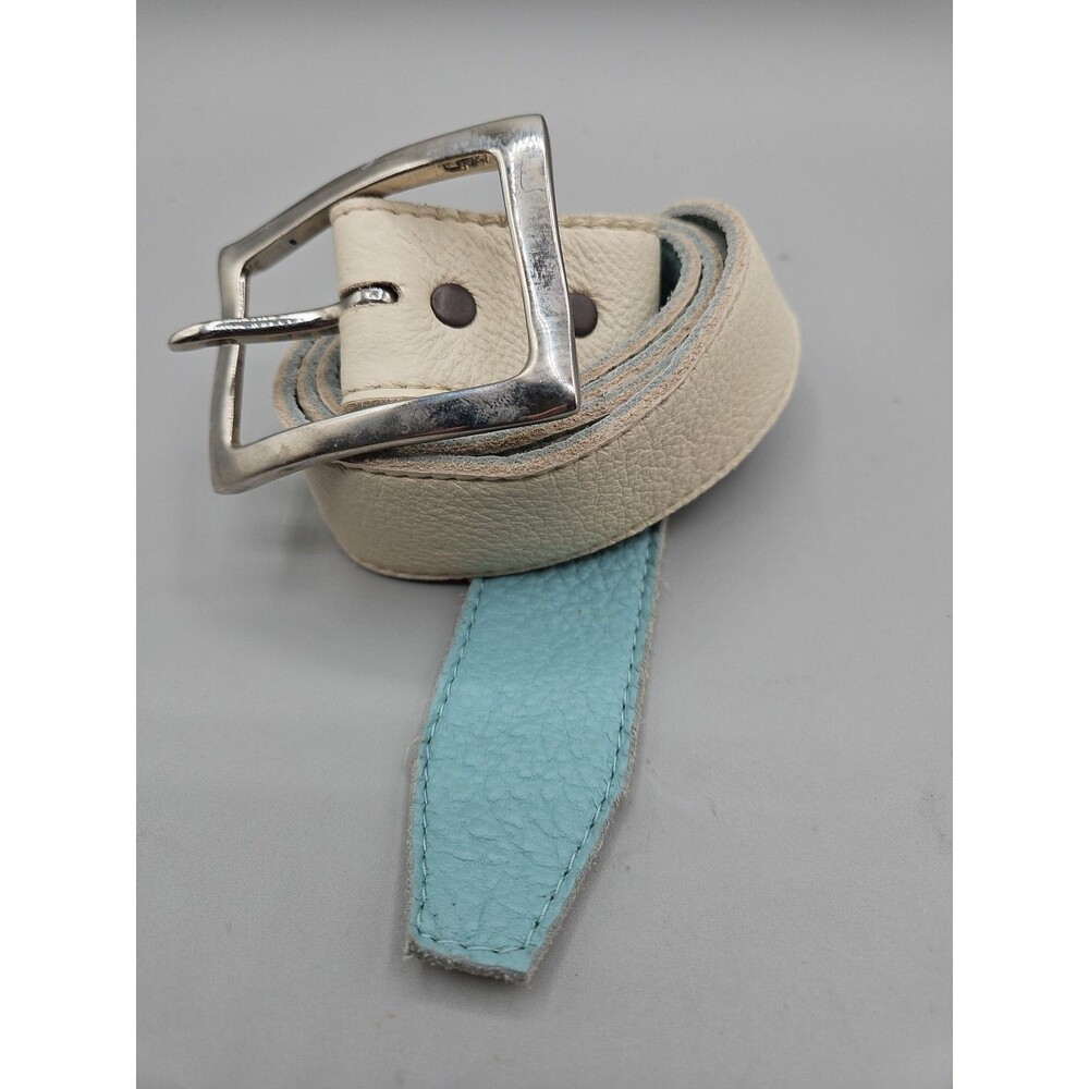 Crescent Reversible Tan Blue Soft Leather Belt Size 41 Hand Made In USA 1.5"